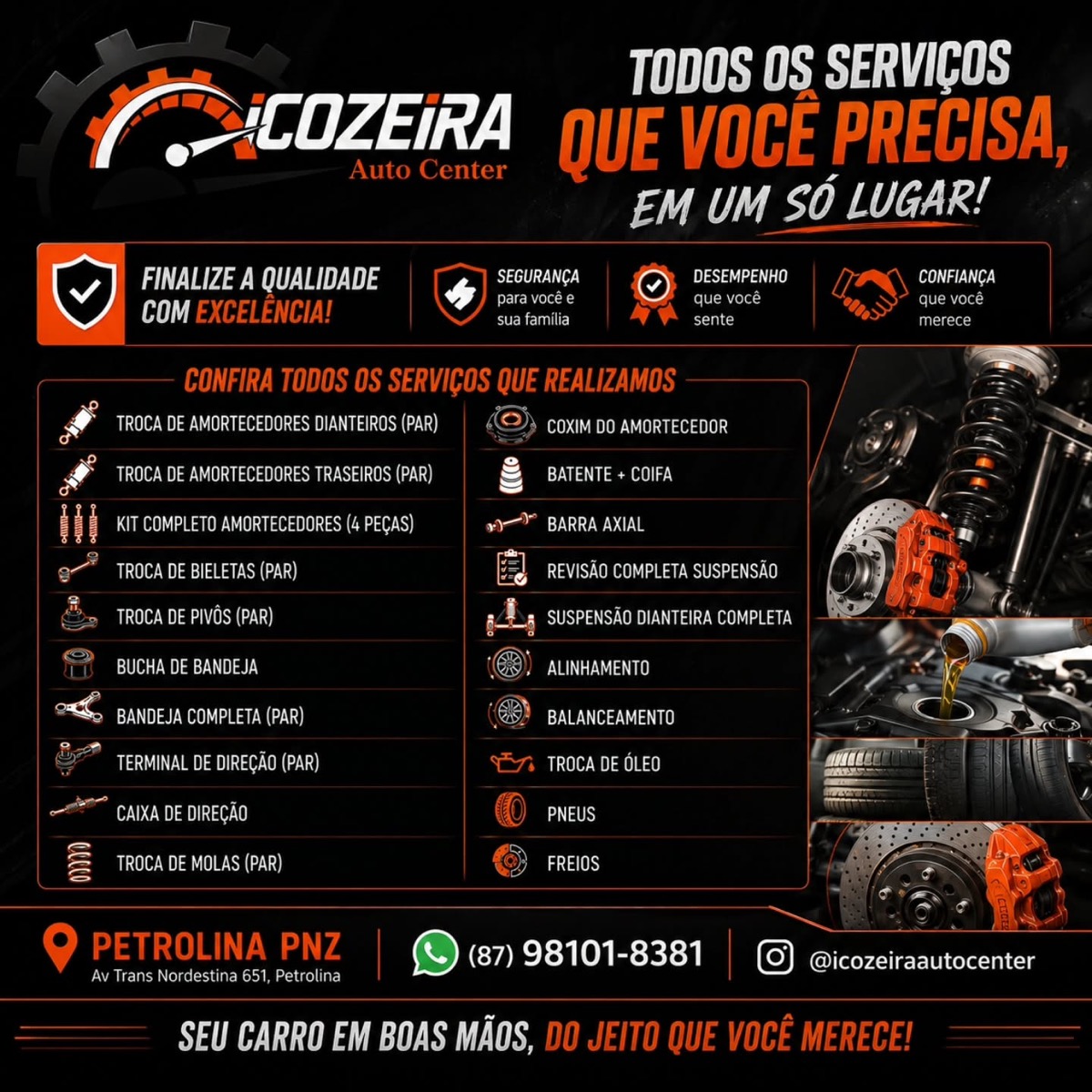 Arte institucional da Icozeira AutoCenter com serviços automotivos
